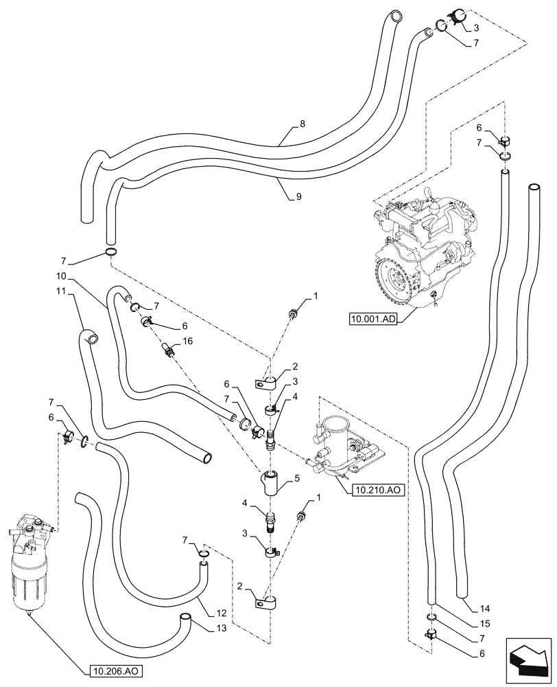 Схема запчастей Case CX490D RTC - (10.216.BA[02]) - FUEL LINE (10) - ENGINE