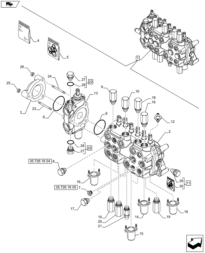 Схема запчастей Case 580SN - (35.726.1604[01A]) - BACKHOE CONTROL VALVE, 7-SPOOL, COMPONENTS, W/ EXTENDABLE DIPPER, W/ 2 LEVER CONTROLS - D7373 (35) - HYDRAULIC SYSTEMS