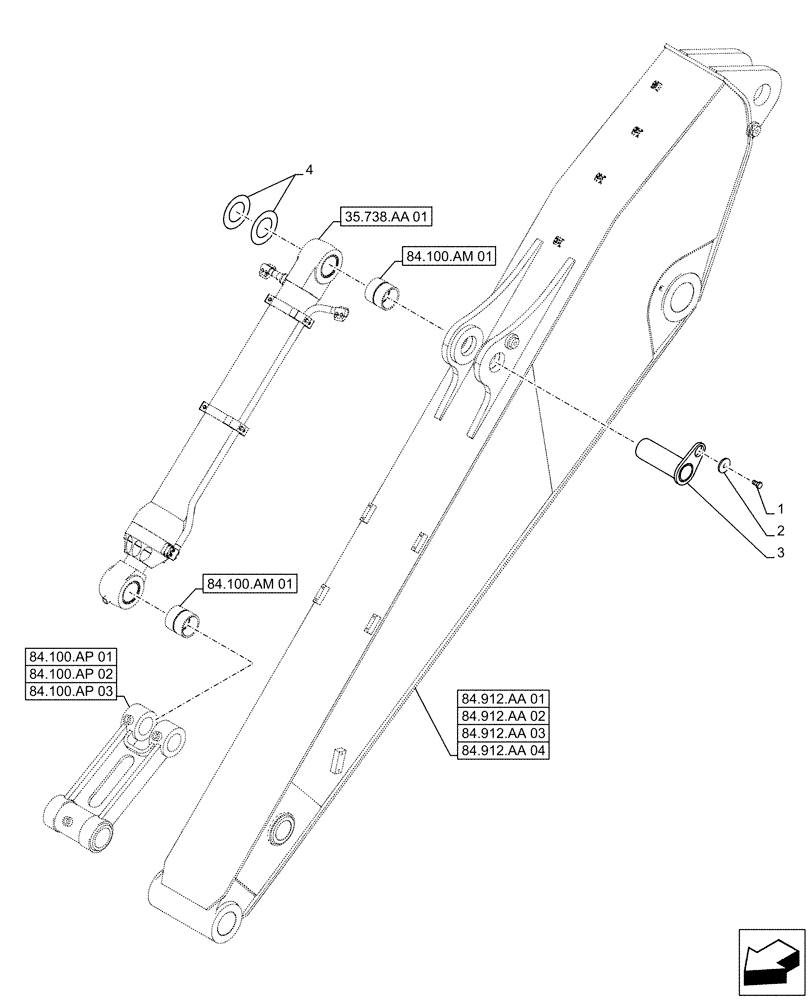 Схема запчастей Case CX490D LC - (84.100.AQ[01]) - VAR - 461544, 461549, 461548, 781184 - BUCKET CYLINDER, PIN (84) - BOOMS, DIPPERS & BUCKETS