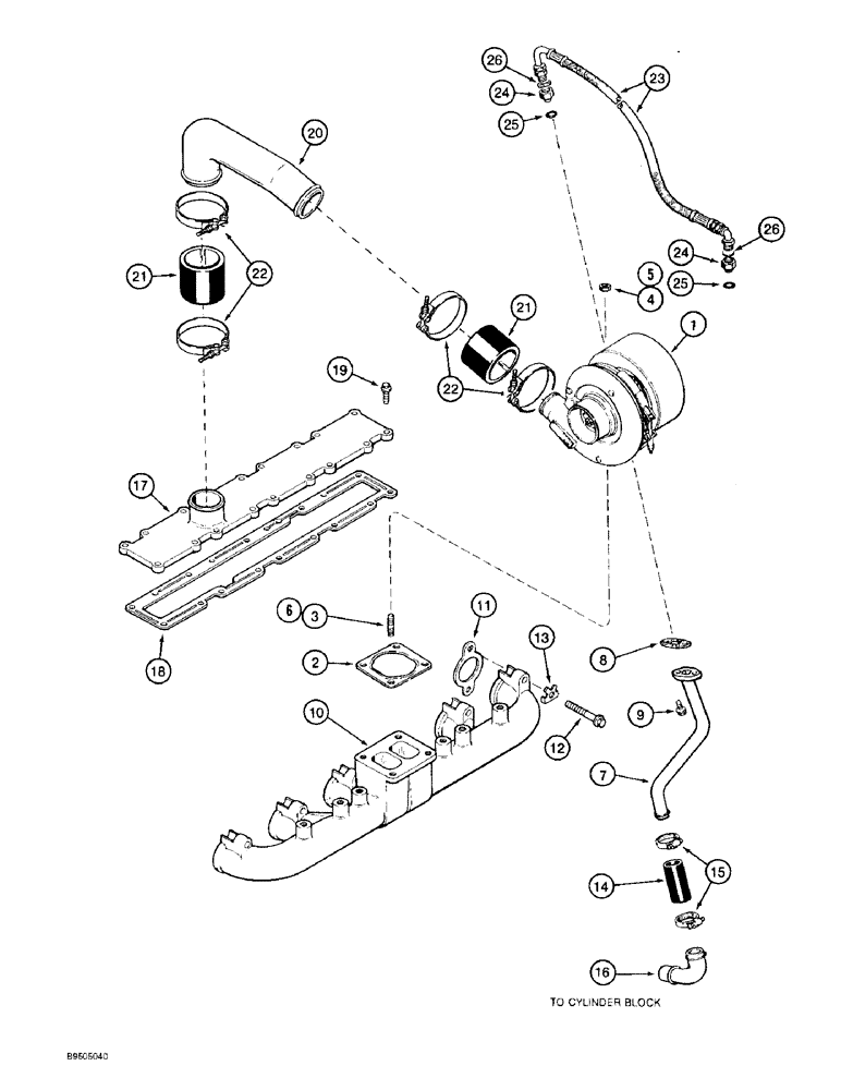 Схема запчастей Case 821B - (2-20) - TURBOCHARGER SYSTEM AND MANIFOLDS, 6T-830 ENGINE, PRIOR TO P.I.N. JEE0050601 (02) - ENGINE