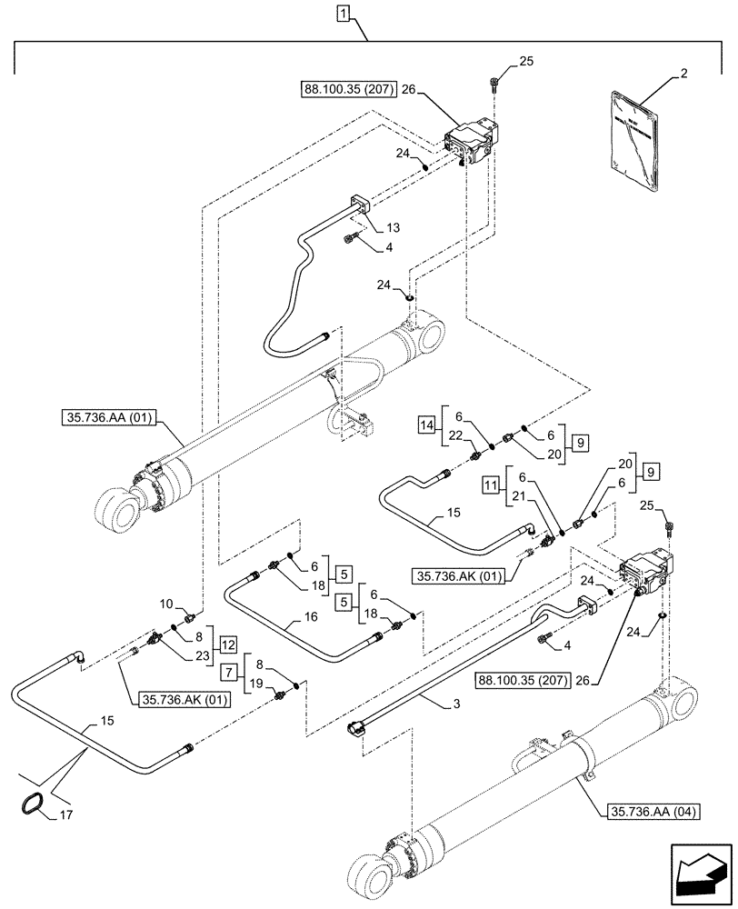 Схема запчастей Case CX250D LC - (88.100.35[206]) - DIA KIT, SAFETY VALVE, BOOM, LIFT CYLINDER, CHECK VALVE, LINE (88) - ACCESSORIES