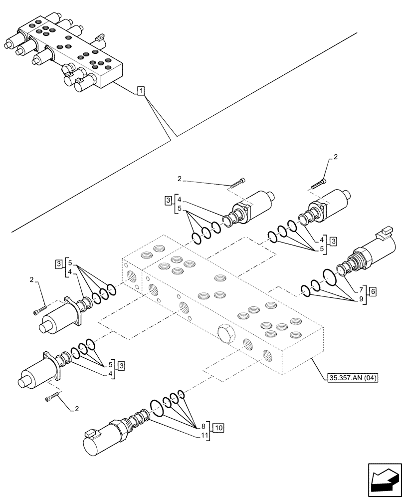 Схема запчастей Case 590SN - (35.357.AG[02]) - 7-SPOOL, PRESSURE CONTROL VALVE, W/ PILOT CONTROLS, SOLENOID (35) - HYDRAULIC SYSTEMS
