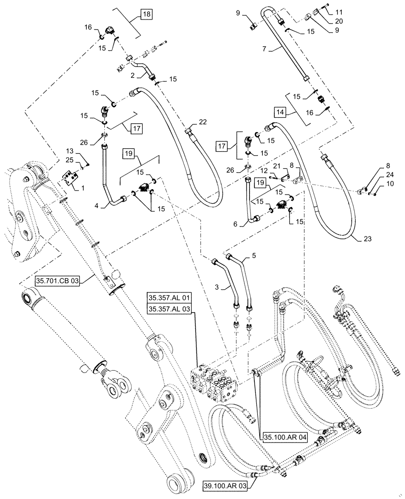 Схема запчастей Case 621F - (35.100.AR[05]) - TILT CYLINDER LINES AND FITTINGS, XT/TC RIGHT SIDE (35) - HYDRAULIC SYSTEMS