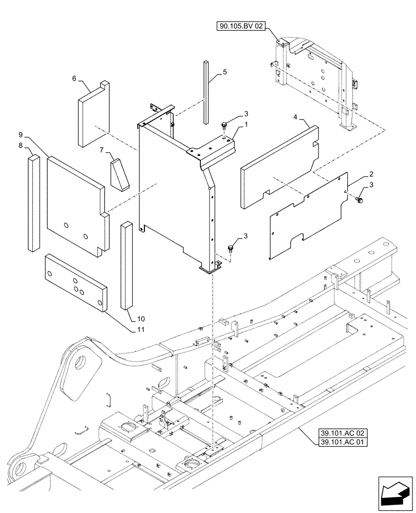 Схема запчастей Case CX490D LC - (90.105.BV[03]) - STD + VAR - 461569, 481027 - HOUSING & COVERS, ADDITIONAL, HANDRAIL (90) - PLATFORM, CAB, BODYWORK AND DECALS