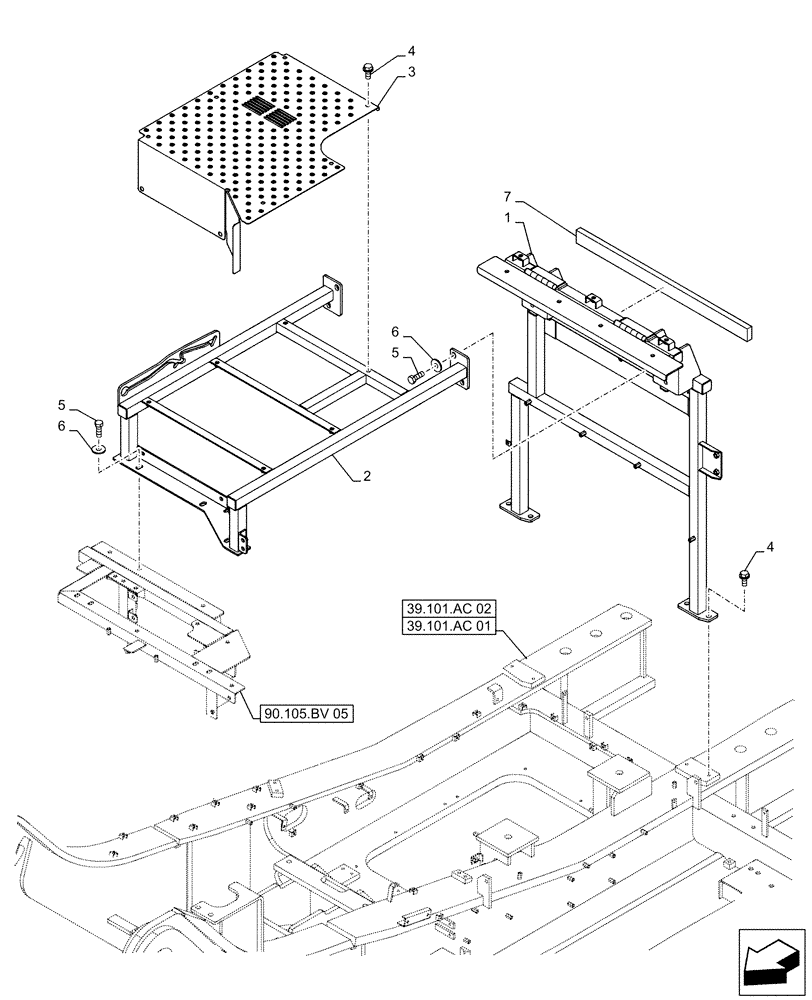 Схема запчастей Case CX500D RTC - (90.105.BV[04]) - STD + VAR - 461569, 481027 - HOUSING & COVERS, ADDITIONAL, HANDRAIL (90) - PLATFORM, CAB, BODYWORK AND DECALS