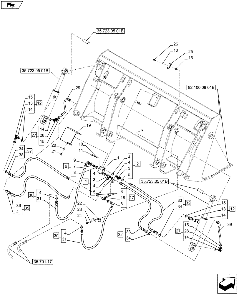 Схема запчастей Case 580SN WT - (35.723.06[01B]) - VAR - 742433 - BUCKET, CYLINDER, LINES - D7385 (35) - HYDRAULIC SYSTEMS