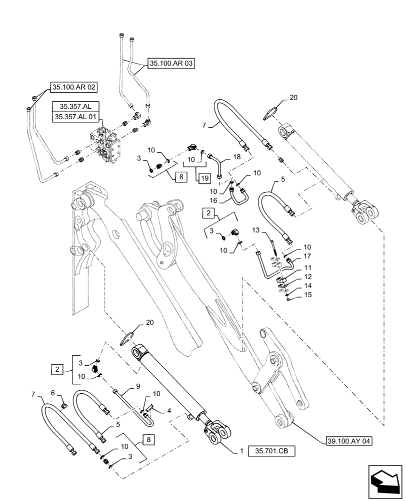 Схема запчастей Case 721F - (35.100.020[04]) - LIFT CYLINDER INSTALLATION - XT (35) - HYDRAULIC SYSTEMS