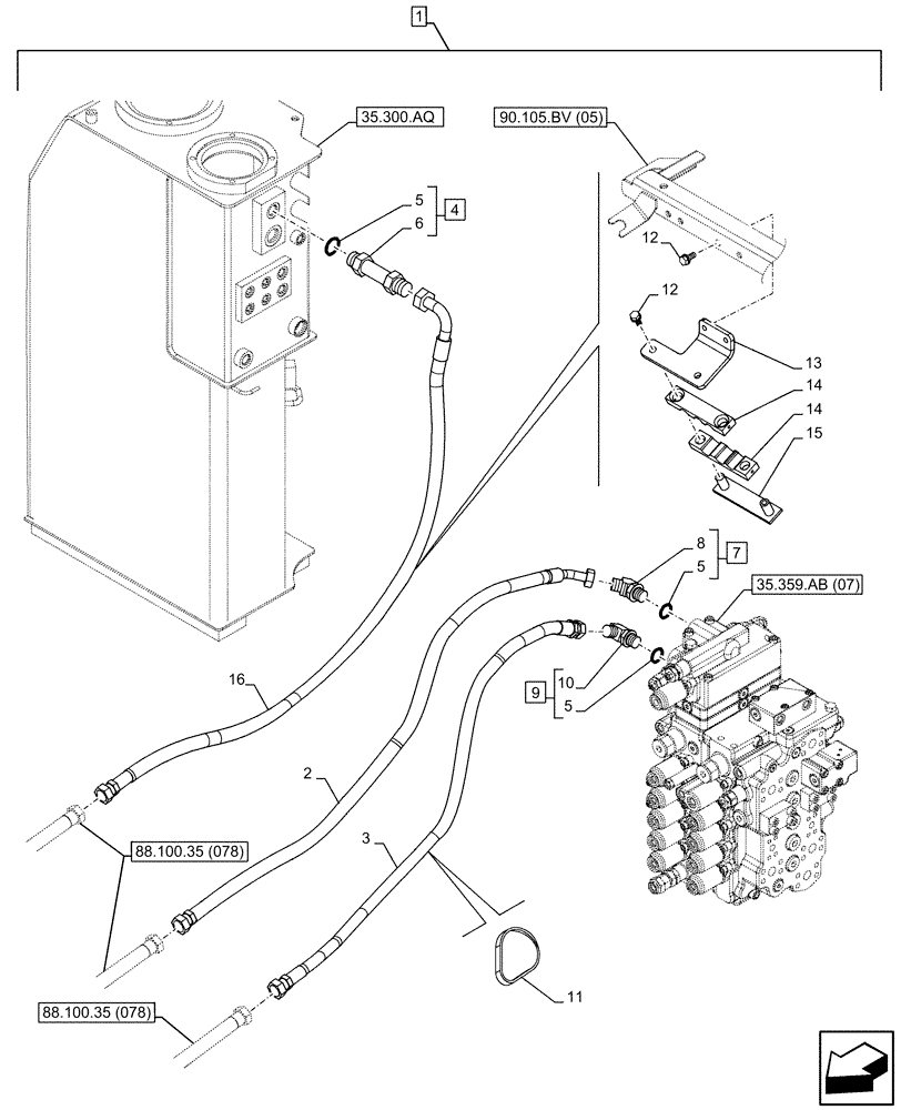 Схема запчастей Case CX130D - (88.100.35[082]) - DIA KIT, CLAMSHELL BUCKET, ROTATION, W/ ELECTRICAL PROPORTIONAL CONTROL, HYDRAULIC LINE (88) - ACCESSORIES