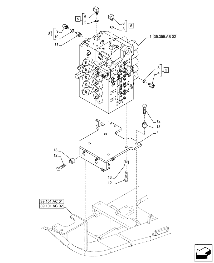 Схема запчастей Case CX500D RTC - (35.359.AB[01]) - CONTROL VALVE, MOUNTING, BRACKET (35) - HYDRAULIC SYSTEMS