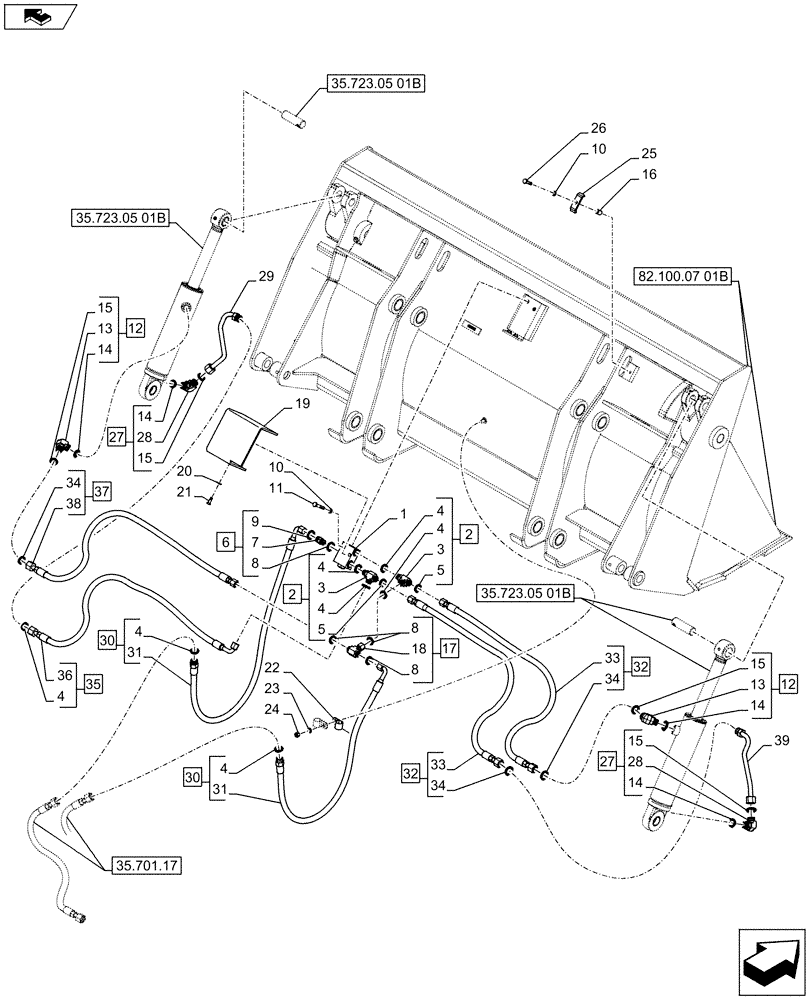 Схема запчастей Case 580SN - (35.723.0601[01B]) - VAR - 747863 - BUCKET, CYLINDER, LINES - D7385 (35) - HYDRAULIC SYSTEMS