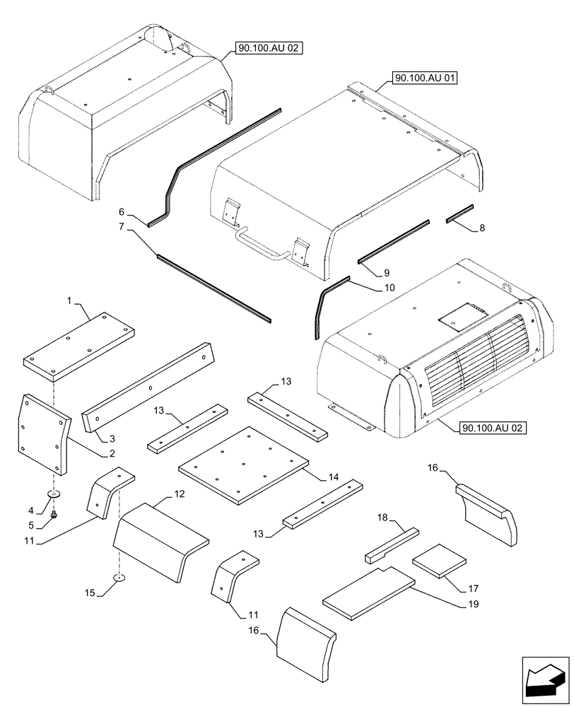 Схема запчастей Case CX490D LC - (90.100.AU[03]) - STD + VAR - 461569, 481027 - ENGINE HOOD, INSULATING PANEL, ADDITIONAL, HANDRAIL (90) - PLATFORM, CAB, BODYWORK AND DECALS