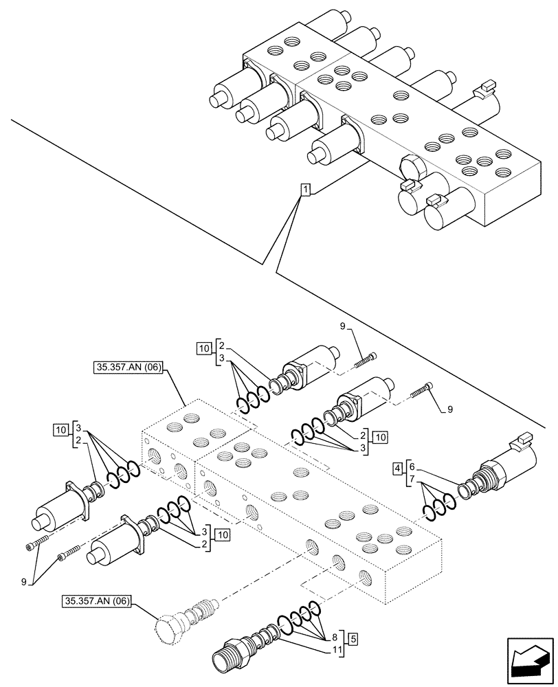 Схема запчастей Case 580SN WT - (35.357.AG[03]) - 8-SPOOL, PRESSURE CONTROL VALVE, W/ PILOT CONTROLS, SOLENOID (35) - HYDRAULIC SYSTEMS