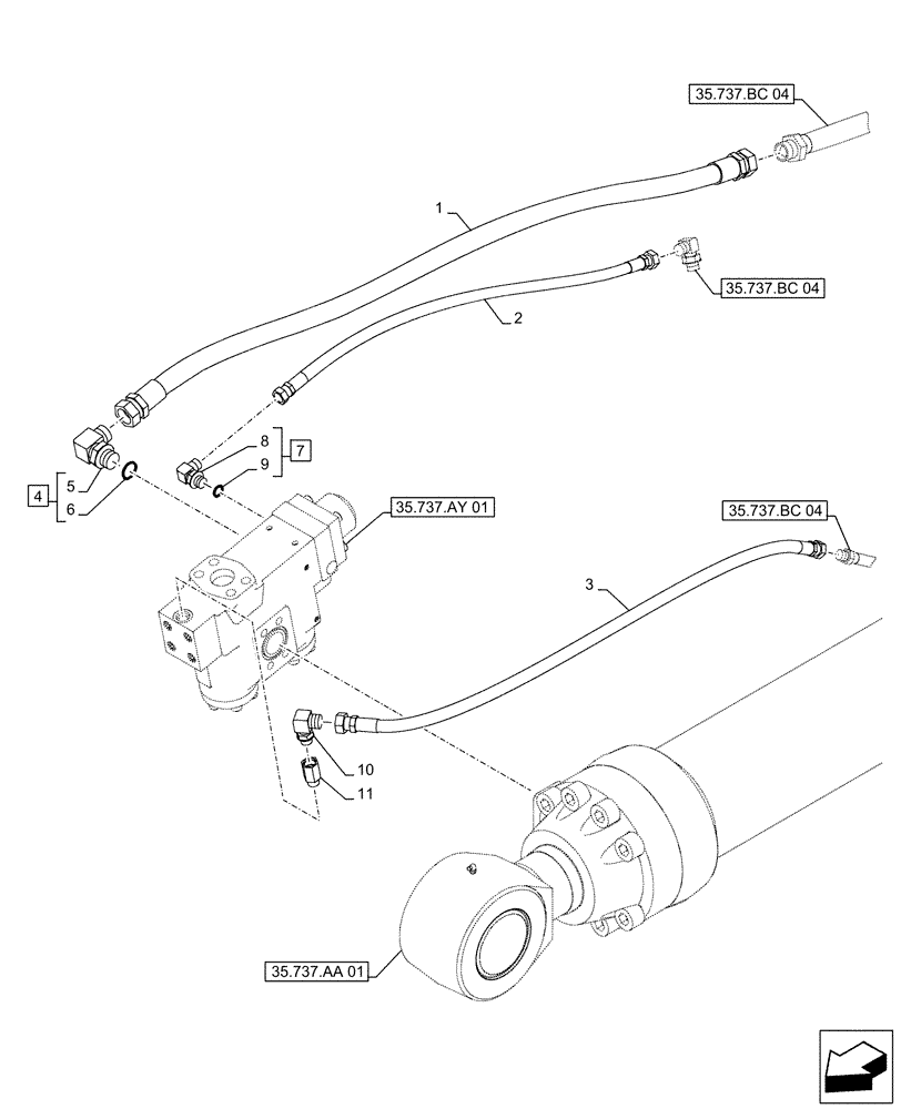 Схема запчастей Case CX500D RTC - (35.737.BC[05]) - VAR - 481064 - ARM, CYLINDER, SAFETY VALVE, LINES (35) - HYDRAULIC SYSTEMS