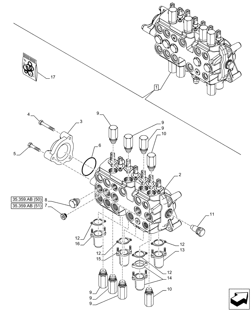 Схема запчастей Case 590SN - (35.359.AB[54]) - BACKHOE CONTROL VALVE, 7-SPOOL, COMPONENTS, EXTENDABLE DIPPER, W/ FOOT SWING CONTROLS - END YR 10-JUL-2015 (35) - HYDRAULIC SYSTEMS