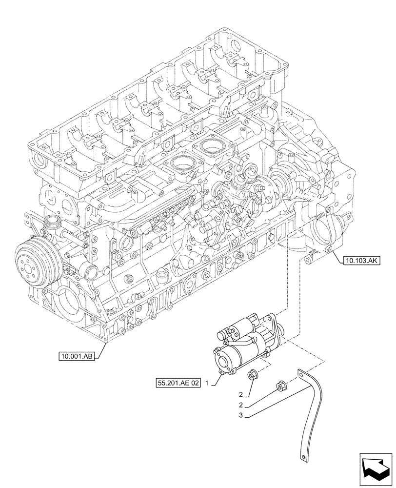 Схема запчастей Case AQ-6UZ1XASS01 - (55.201.AE[01]) - STARTER MOTOR, MOUNTING (55) - ELECTRICAL SYSTEMS