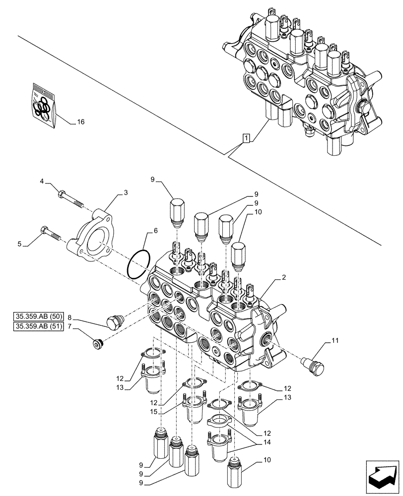 Схема запчастей Case 580SN WT - (35.359.AB[53]) - BACKHOE CONTROL VALVE, 7-SPOOL, COMPONENTS, EXTENDABLE DIPPER, W/ TWO LEVER CONTROLS - END YR 10-JUL-2015 (35) - HYDRAULIC SYSTEMS