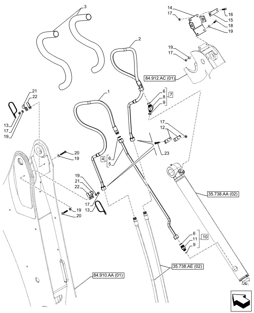 Схема запчастей Case 580SN - (35.738.AE[04]) - VAR - 423076 - BACKHOE BUCKET, EXTENDABLE DIPPER, CYLINDER LINES, SEVERE COLD WEATHER (35) - HYDRAULIC SYSTEMS