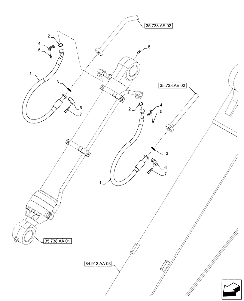 Схема запчастей Case CX490D RTC - (35.738.AE[04]) - VAR - 461548 - BUCKET CYLINDER, LINES (ARM L=2.53M) (35) - HYDRAULIC SYSTEMS