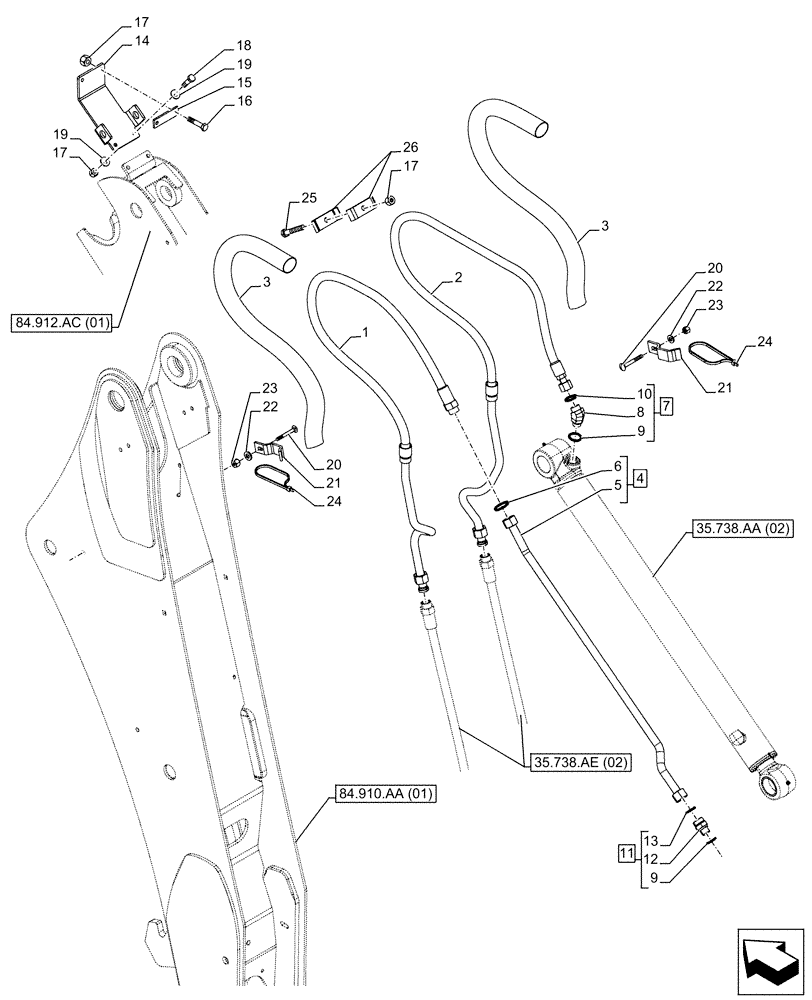 Схема запчастей Case 590SN - (35.738.AE[04]) - VAR - 423076 - BACKHOE BUCKET, EXTENDABLE DIPPER, CYLINDER LINES, SEVERE COLD WEATHER (35) - HYDRAULIC SYSTEMS