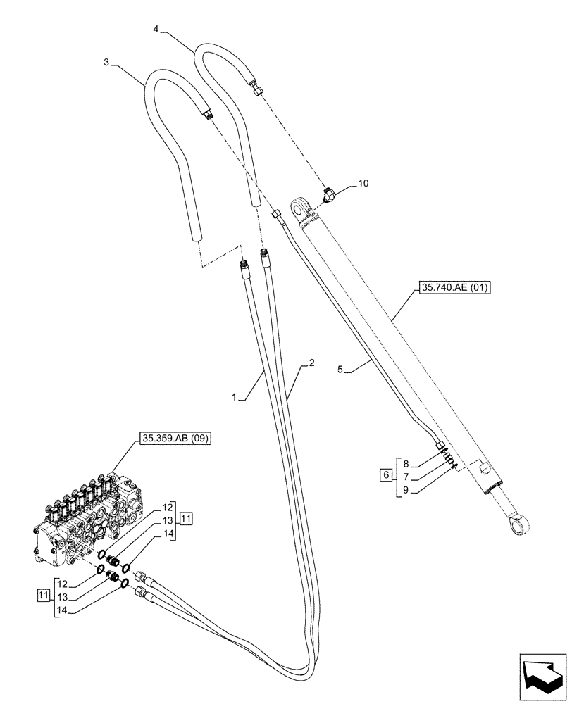 Схема запчастей Case 580N EP - (35.740.AC[02]) - VAR - 423076 - EXTENDABLE DIPPER, CYLINDER, LINE, SEVERE COLD WEATHER (35) - HYDRAULIC SYSTEMS