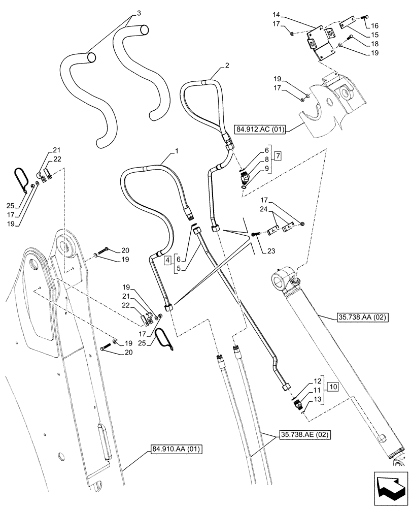 Схема запчастей Case 580N EP - (35.738.AE[04]) - VAR - 423076 - BACKHOE BUCKET, EXTENDABLE DIPPER, CYLINDER LINES, SEVERE COLD WEATHER (35) - HYDRAULIC SYSTEMS