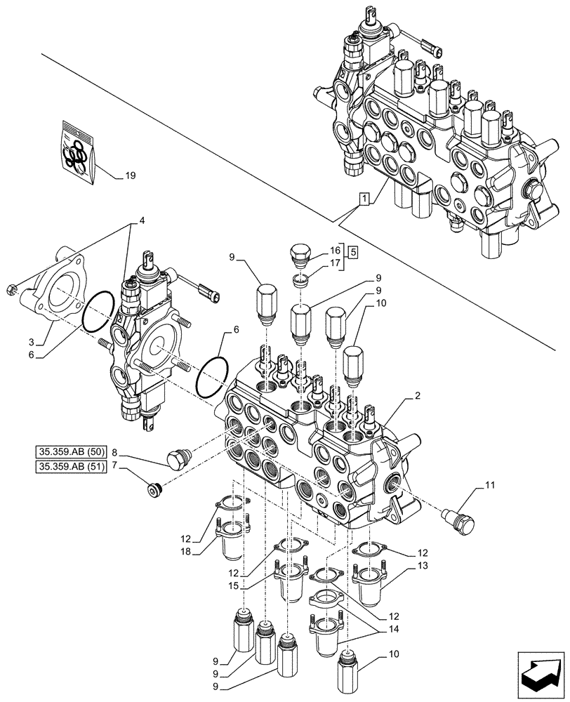 Схема запчастей Case 590SN - (35.359.AB[58]) - BACKHOE CONTROL VALVE, 8-SPOOL, COMPONENTS, EXTENDABLE DIPPER, W/ FOOT SWING CONTROLS - END YR 10-JUL-2015 (35) - HYDRAULIC SYSTEMS