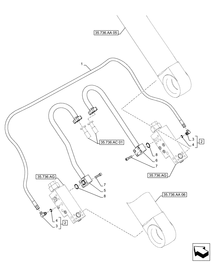 Схема запчастей Case CX490D RTC - (35.736.AK[02]) - VAR - 481064 - BOOM, LIFT CYLINDER, SAFETY VALVE, LINES (35) - HYDRAULIC SYSTEMS