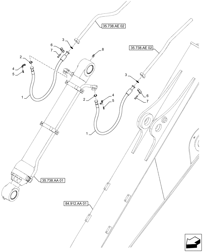 Схема запчастей Case CX490D RTC - (35.738.AE[03]) - VAR - 461549 - BUCKET CYLINDER, LINES (ARM L=3.4M) (35) - HYDRAULIC SYSTEMS