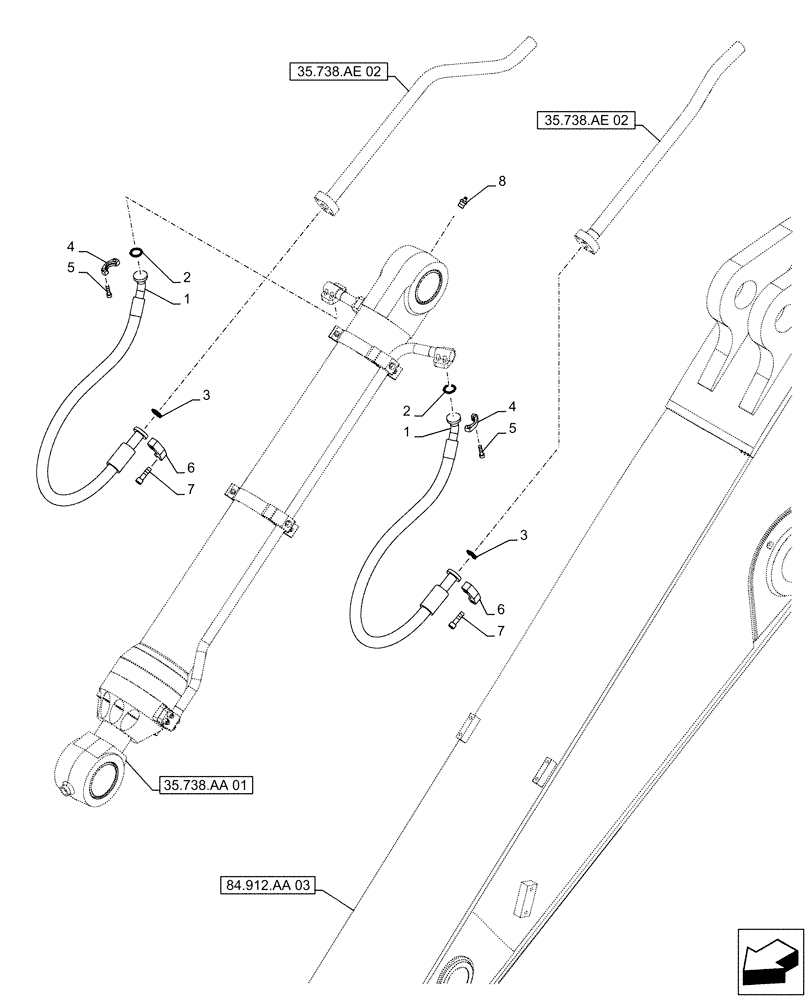 Схема запчастей Case CX500D RTC - (35.738.AE[03]) - VAR - 461572 - BUCKET CYLINDER, LINES (ARM L=2.53M) (35) - HYDRAULIC SYSTEMS