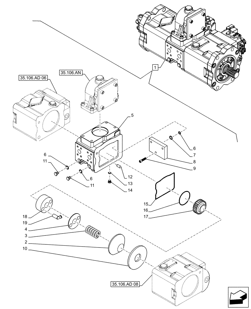 Схема запчастей Case CX500D LC - (35.106.AD[07]) - VAR - 461863 - VARIABLE DELIVERY HYDRAULIC PUMP, CLAMSHELL BUCKET, ROTATION, W/ ELECTRICAL PROPORTIONAL CONTROL, COMPONENTS (35) - HYDRAULIC SYSTEMS