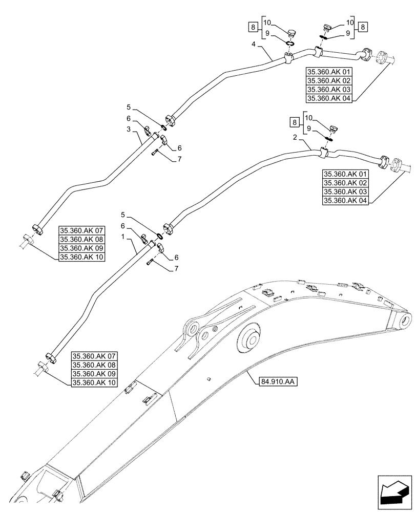 Схема запчастей Case CX490D RTC - (35.360.AK[05]) - VAR - 461561, 461865, 461868, 461869, 461871 - BOOM, LINE, HAMMER, SHEARS, HIGH FLOW (35) - HYDRAULIC SYSTEMS