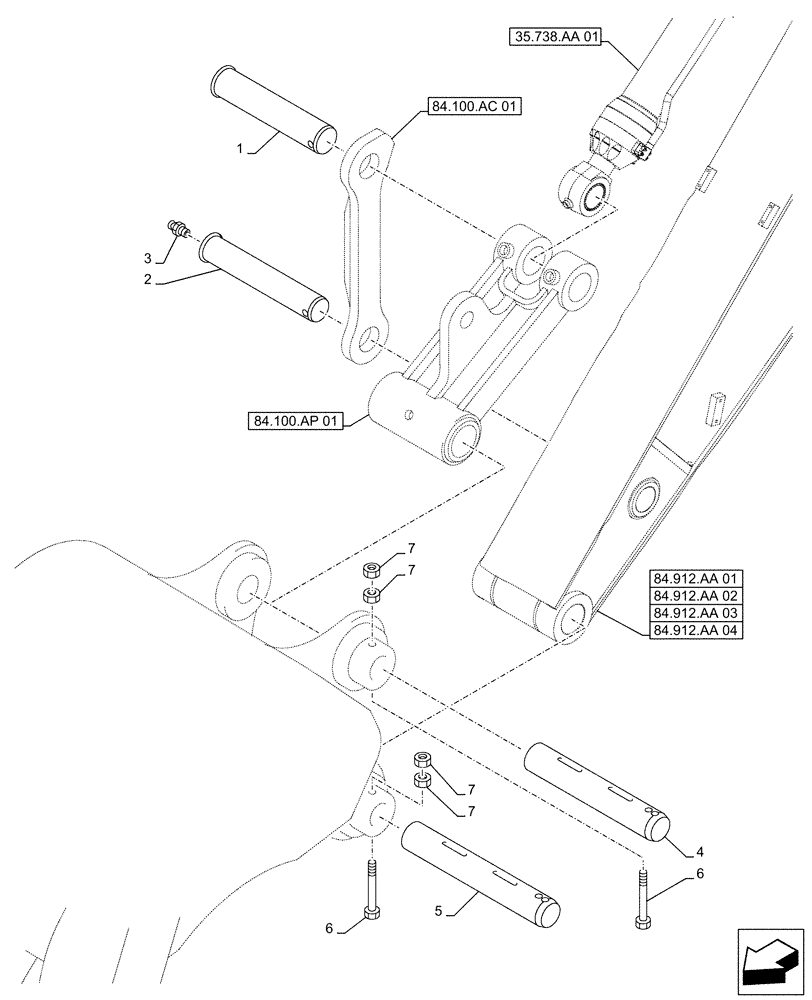 Схема запчастей Case CX490D LC - (84.100.AQ[02]) - VAR - 488046 - BUCKET, LINK, PIN, W/ HOOK (84) - BOOMS, DIPPERS & BUCKETS