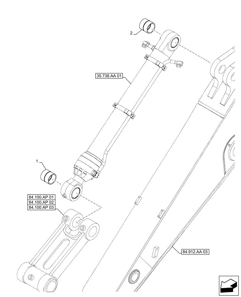 Схема запчастей Case CX500D RTC - (84.100.AM[01]) - VAR - 461572 - BUCKET CYLINDER, BUSHING (ARM L=2.53M) (84) - BOOMS, DIPPERS & BUCKETS