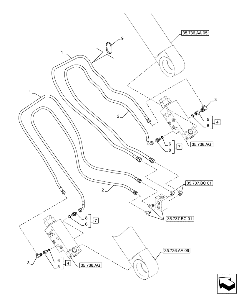 Схема запчастей Case CX500D LC - (35.736.AK[01]) - VAR - 481064 - BOOM, LIFT CYLINDER, SAFETY VALVE, LINES (35) - HYDRAULIC SYSTEMS