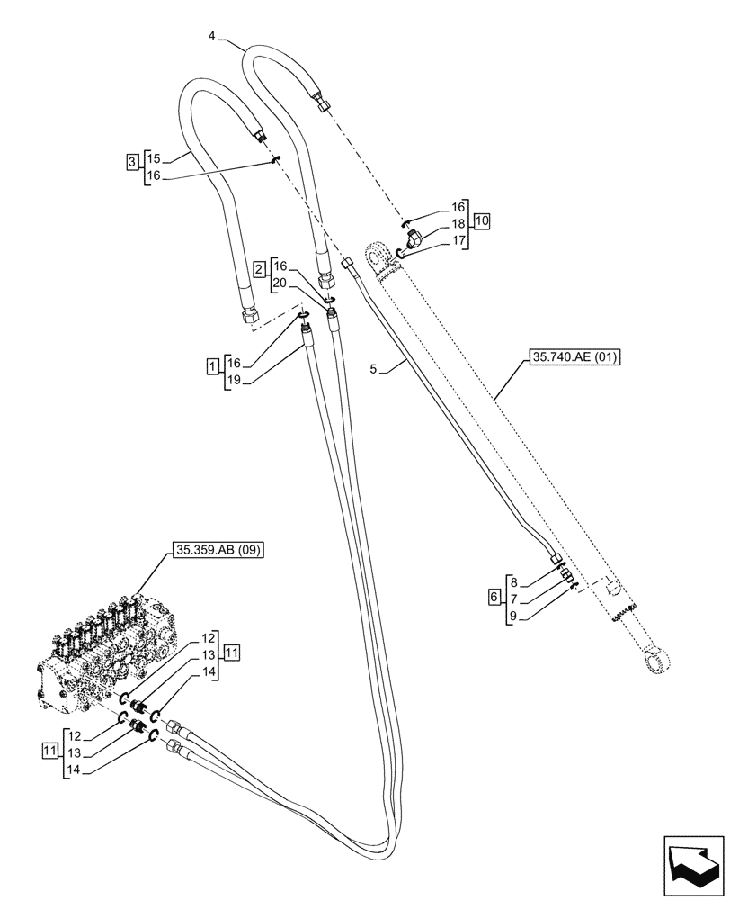 Схема запчастей Case 590SN - (35.740.AC[02]) - VAR - 423076 -EXTENDABLE DIPPER, CYLINDER, LINE, SEVERE COLD WEATHER (35) - HYDRAULIC SYSTEMS