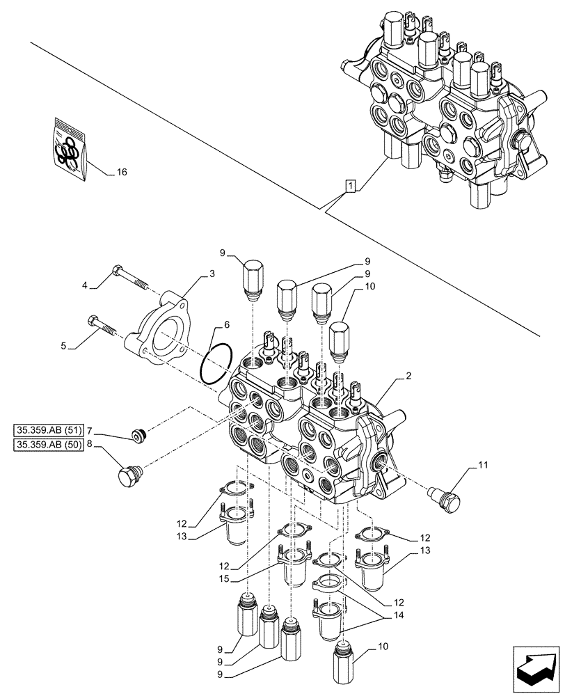 Схема запчастей Case 580SN - (35.359.AB[52]) - BACKHOE CONTROL VALVE, 6-SPOOL, COMPONENTS, STANDARD DIPPER, W/ TWO LEVER CONTROLS - END YR 10-JUL-2015 (35) - HYDRAULIC SYSTEMS