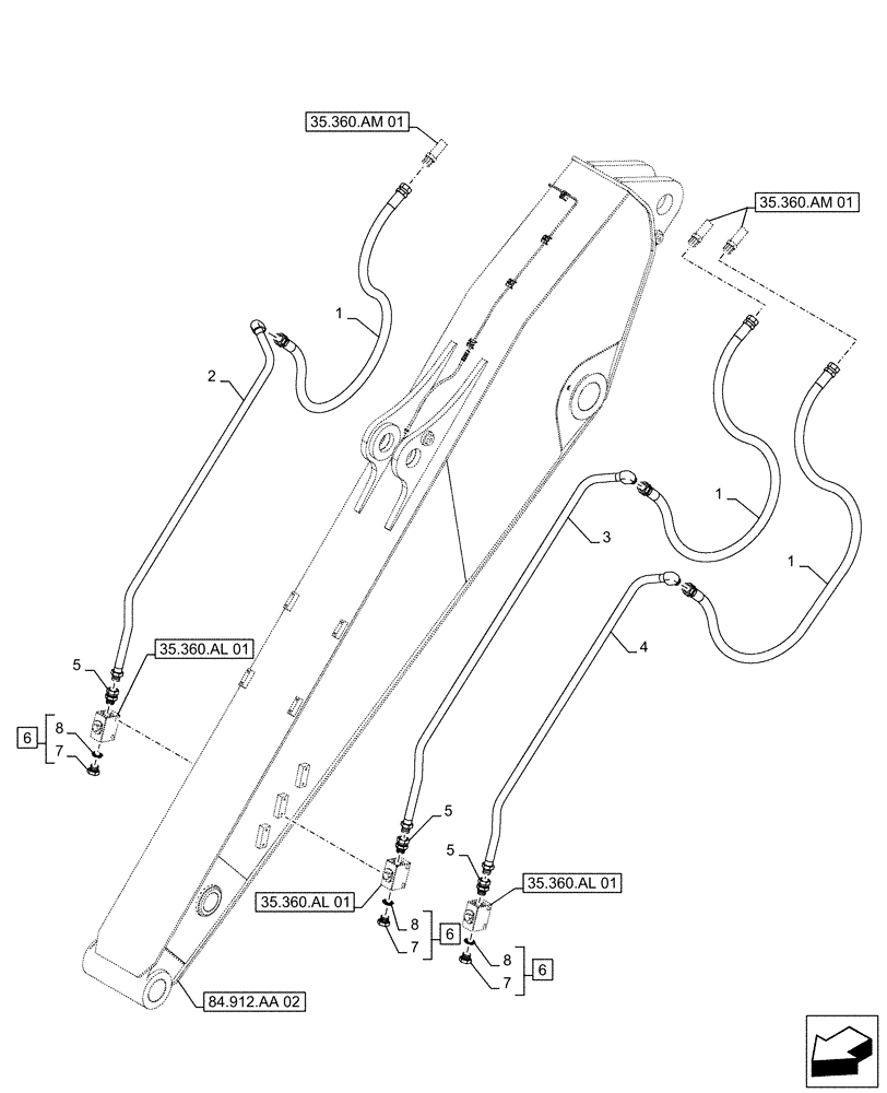Схема запчастей Case CX490D RTC - (35.360.AM[04]) - VAR - 461863 - ARM, LINES, CLAMSHELL BUCKET, ROTATION, W/ ELECTRICAL PROPORTIONAL CONTROL (ARM L=4.0M) (35) - HYDRAULIC SYSTEMS