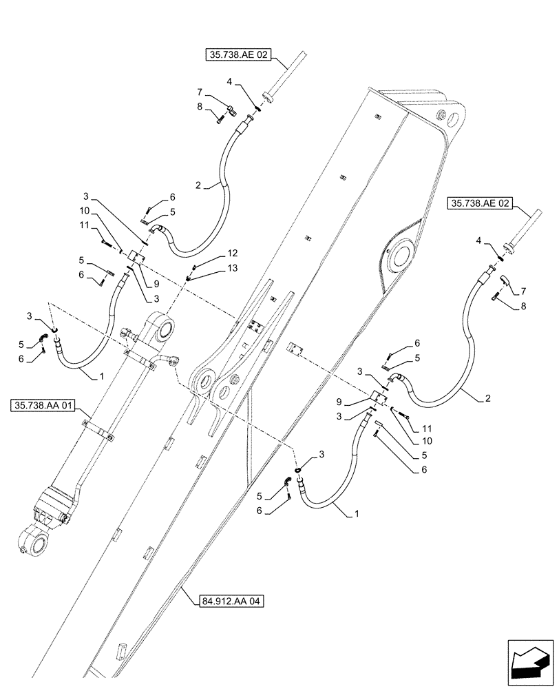 Схема запчастей Case CX490D RTC - (35.738.AE[05]) - VAR - 461544 - BUCKET CYLINDER, LINES (ARM L=4.85M) (35) - HYDRAULIC SYSTEMS