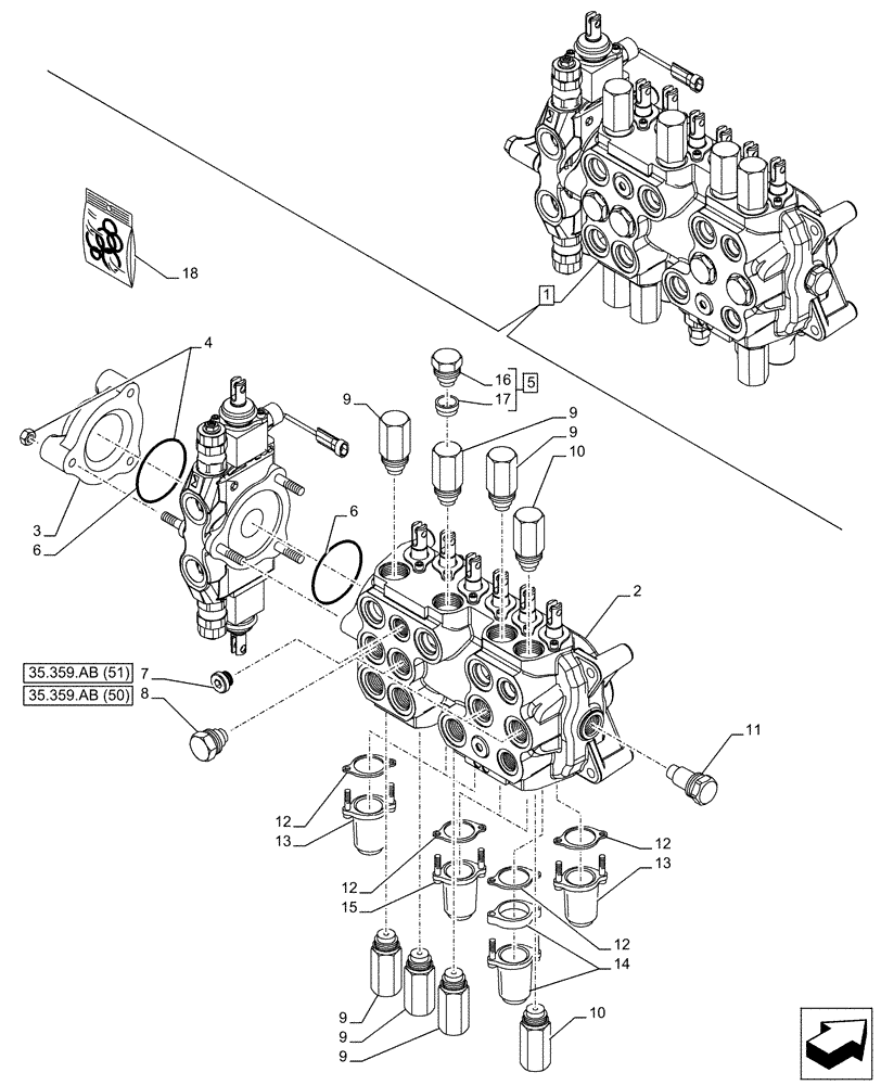 Схема запчастей Case 580SN WT - (35.359.AB[55]) - BACKHOE CONTROL VALVE, 7-SPOOL, COMPONENTS, STANDARD DIPPER, W/ TWO LEVER CONTROLS - END YR 10-JUL-2015 (35) - HYDRAULIC SYSTEMS