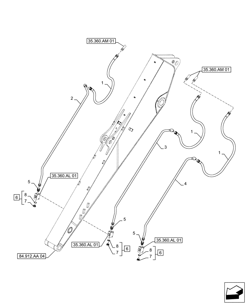 Схема запчастей Case CX490D RTC - (35.360.AM[05]) - VAR - 461863 - ARM, LINES, CLAMSHELL BUCKET, ROTATION, W/ ELECTRICAL PROPORTIONAL CONTROL (ARM L=4.85M) (35) - HYDRAULIC SYSTEMS