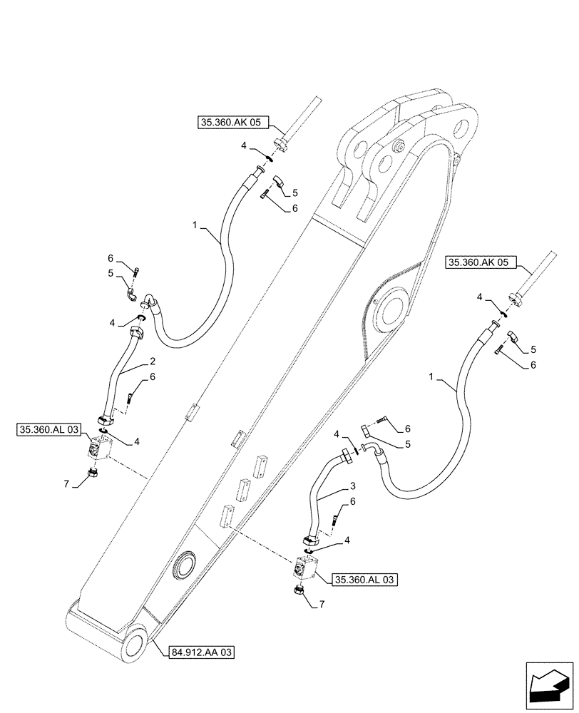 Схема запчастей Case CX500D RTC - (35.360.AK[07]) - VAR - 461561, 461865, 461868, 461869, 461871 - ARM, LINES, HAMMER, SHEARS, HIGH FLOW (ARM L=2.53M) (35) - HYDRAULIC SYSTEMS