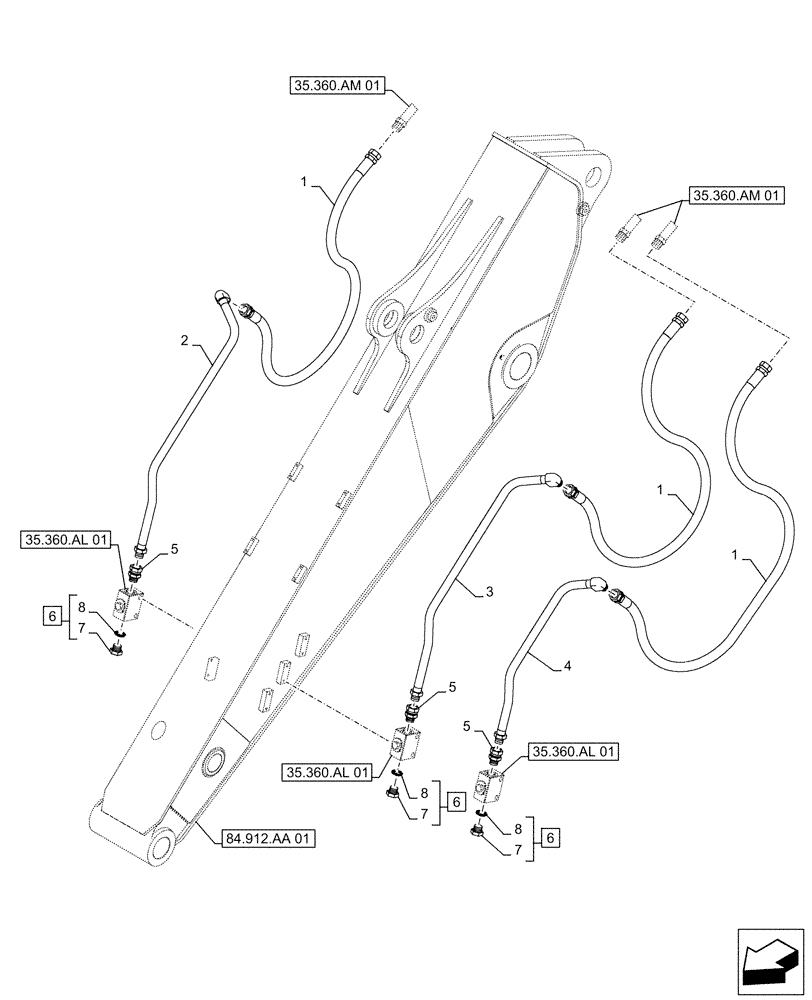 Схема запчастей Case CX490D RTC - (35.360.AM[03]) - VAR - 461863 - ARM, LINES, CLAMSHELL BUCKET, ROTATION, W/ ELECTRICAL PROPORTIONAL CONTROL (ARM L=3.4M) (35) - HYDRAULIC SYSTEMS