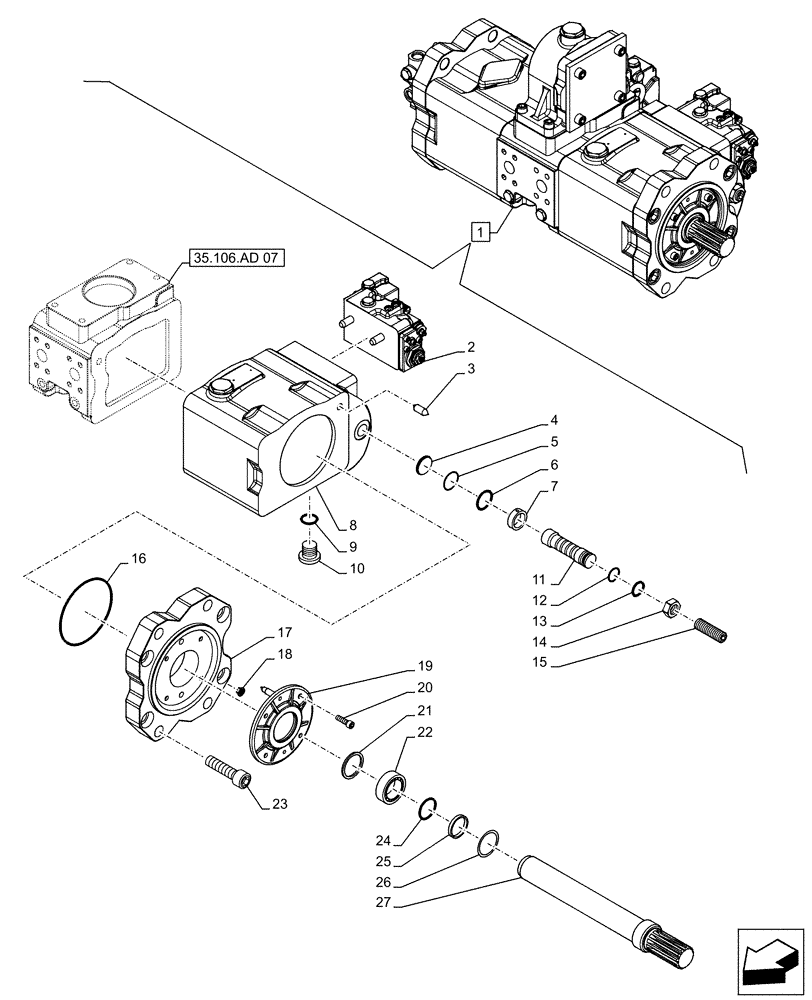 Схема запчастей Case CX500D RTC - (35.106.AD[08]) - VAR - 461863 - VARIABLE DELIVERY HYDRAULIC PUMP, CLAMSHELL BUCKET, ROTATION, W/ ELECTRICAL PROPORTIONAL CONTROL, COMPONENTS (35) - HYDRAULIC SYSTEMS