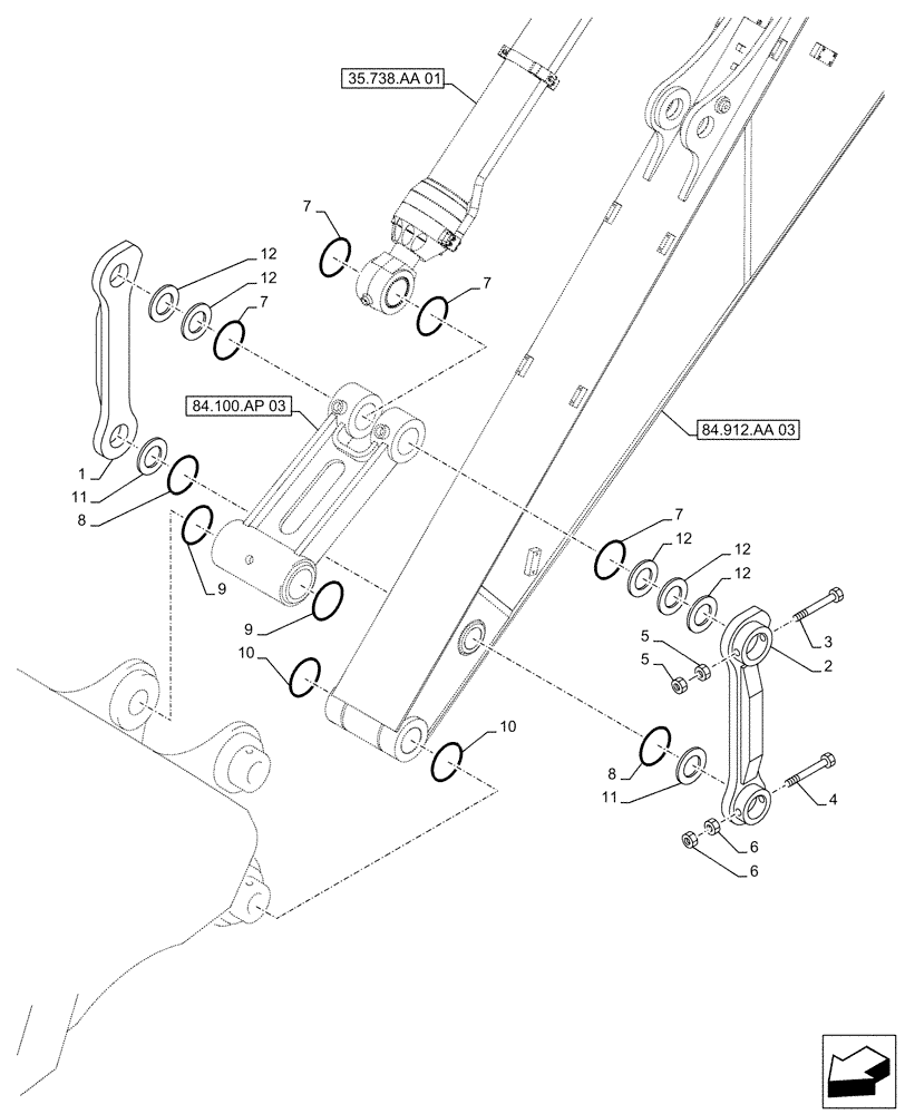 Схема запчастей Case CX500D RTC - (84.100.AC[03]) - VAR - 461023 - LINK CONROD, W/O HOOK (84) - BOOMS, DIPPERS & BUCKETS