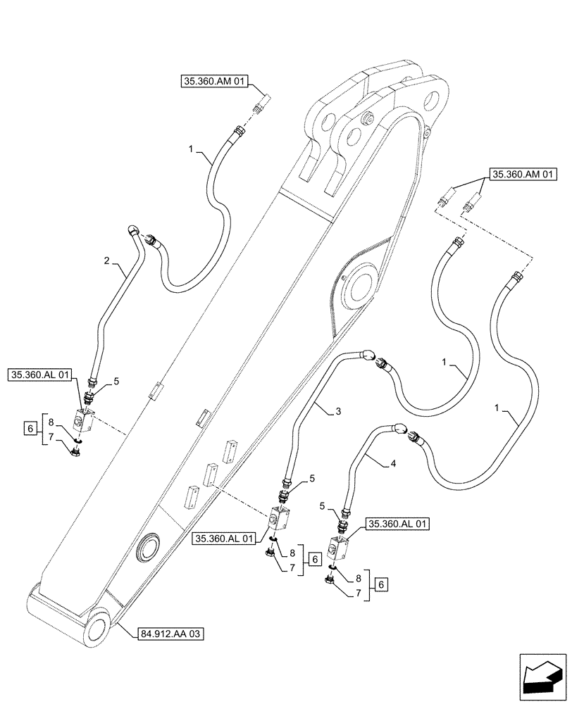 Схема запчастей Case CX500D LC - (35.360.AM[02]) - VAR - 461863 - ARM, LINES, CLAMSHELL BUCKET, ROTATION, W/ ELECTRICAL PROPORTIONAL CONTROL (ARM L=2.53M) (35) - HYDRAULIC SYSTEMS