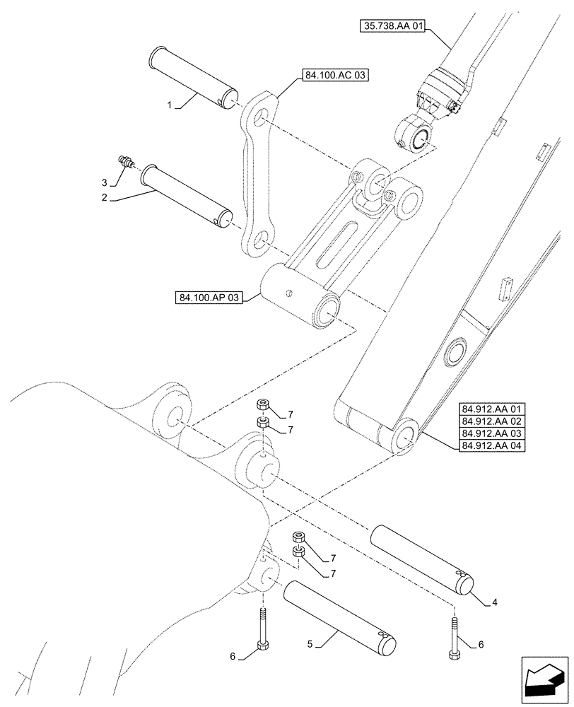 Схема запчастей Case CX490D RTC - (84.100.AQ[04]) - VAR - 461023 - BUCKET, LINK, PIN, W/O HOOK (84) - BOOMS, DIPPERS & BUCKETS