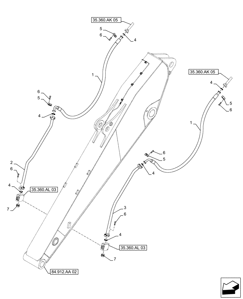 Схема запчастей Case CX490D RTC - (35.360.AK[09]) - VAR - 461865, 461868, 461869, 461871 - ARM, LINES, HAMMER, SHEARS, HIGH FLOW (ARM L=4M) (35) - HYDRAULIC SYSTEMS