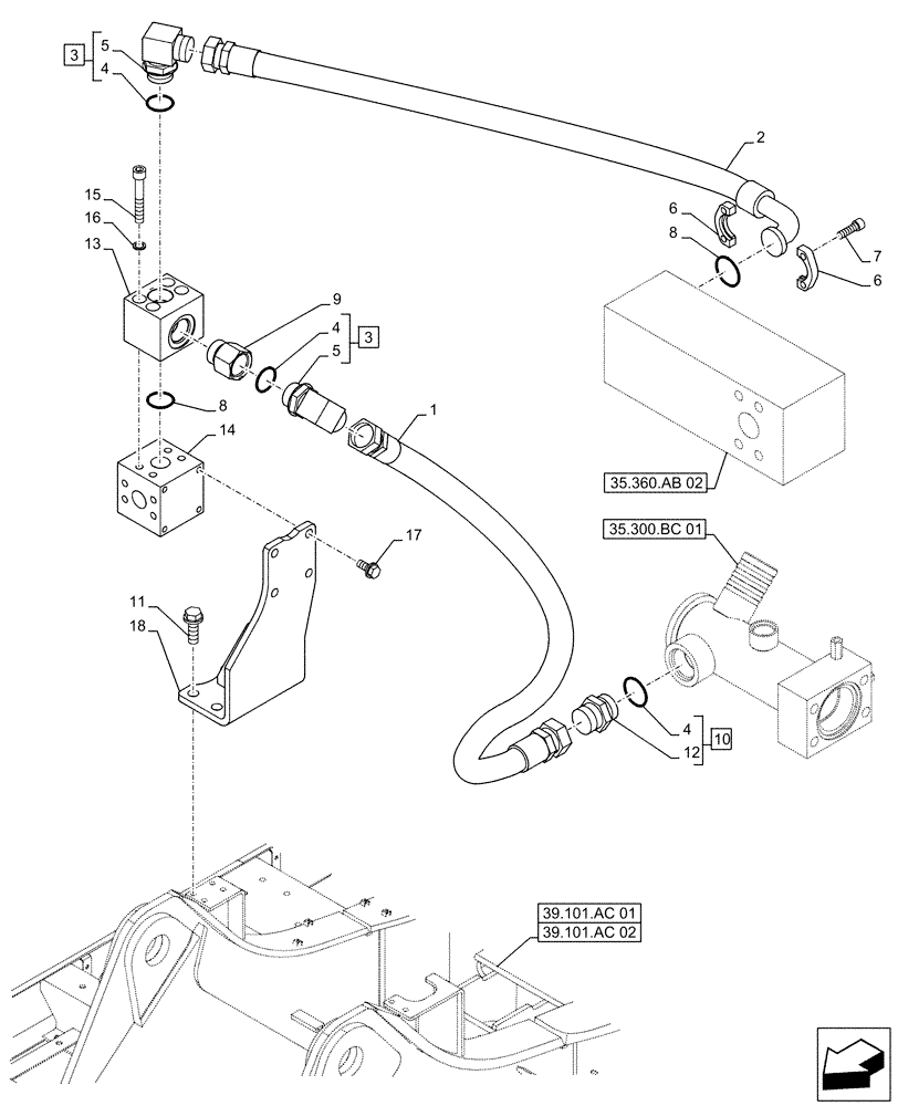 Схема запчастей Case CX490D RTC - (35.360.AB[01]) - VAR - 461561, 461865 - HAMMER CIRCUIT, LINES (35) - HYDRAULIC SYSTEMS