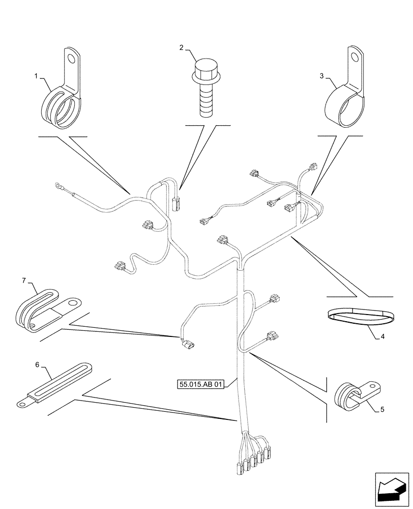 Схема запчастей Case AQ-6UZ1XASS01 - (55.015.AB[03]) - ENGINE, WIRE HARNESS, CABLE CLIP (55) - ELECTRICAL SYSTEMS