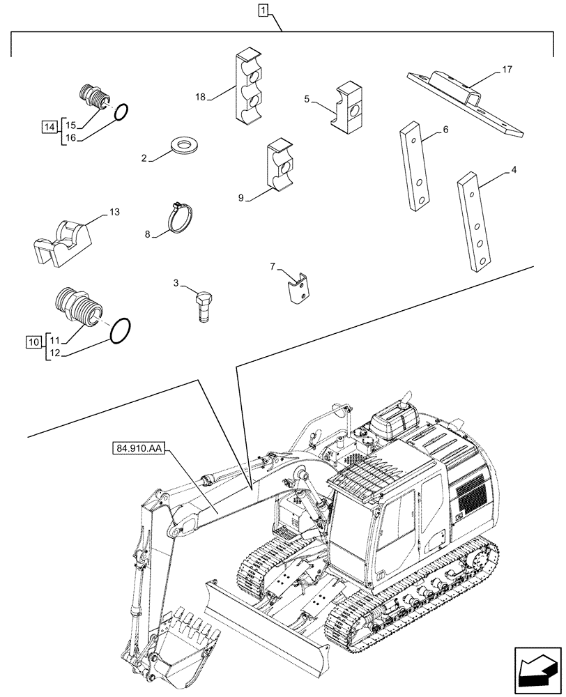 Схема запчастей Case CX210D LC LR - (88.100.35[103]) - DIA KIT, CLAMSHELL BUCKET, ROTATION, W/ HYDRAULIC CONTROL, CLAMP, PLUG, ADAPTER (88) - ACCESSORIES